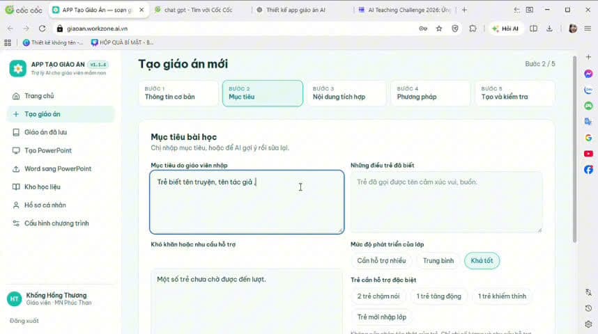 Bước 2: mục tiêu bài học, những điều trẻ đã biết, và ghi rõ trẻ cần hỗ trợ đặc biệt của lớp
