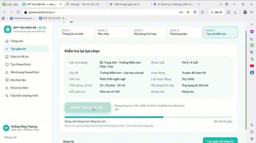 Bước 5: kiểm tra lại toàn bộ lựa chọn rồi mới tạo, app báo còn chờ bao nhiêu giây