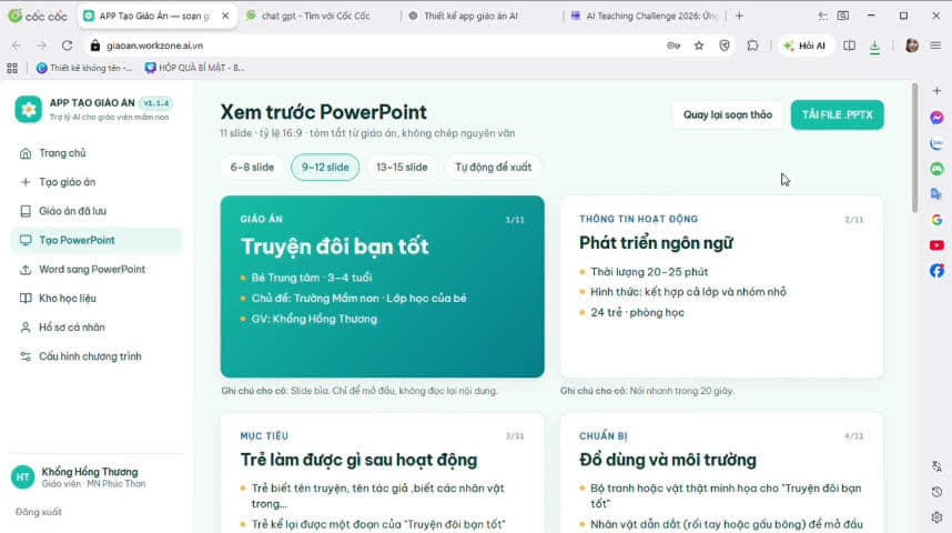 Xem trước PowerPoint 11 slide, mỗi slide có ghi chú cho cô, tải về file .pptx