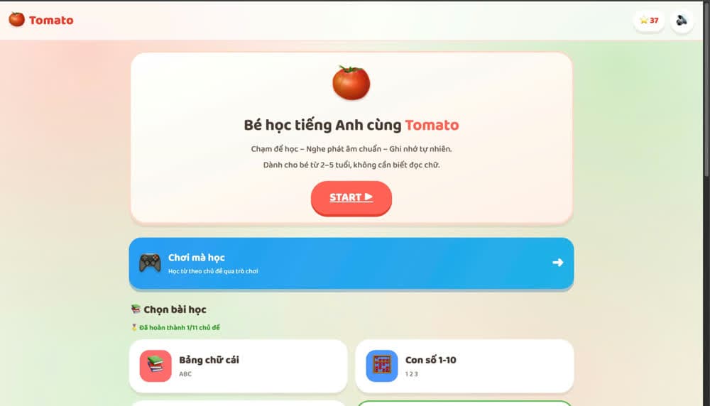 Trang chính app Tomato: nút START to, chế độ Chơi mà học và danh sách 11 chủ đề