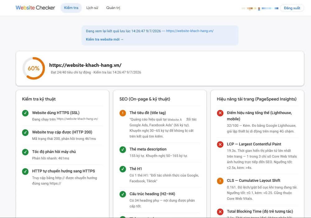 Kết quả kiểm một website: phần trăm đạt và ba nhóm tiêu chí kỹ thuật, SEO, hiệu năng tải trang