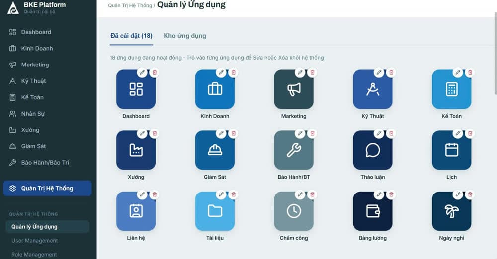 Khu quản trị hệ thống: 18 ứng dụng đang hoạt động, bật tắt theo nhu cầu
