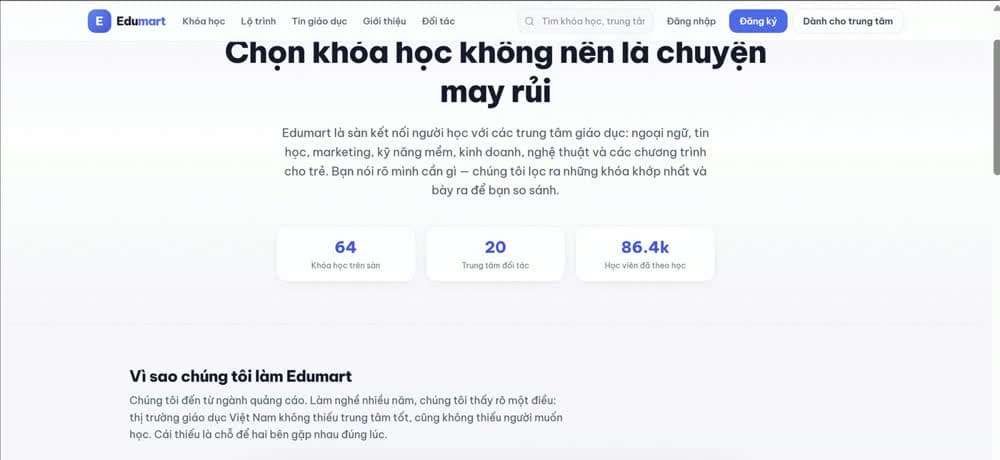 Giới thiệu sàn kèm số liệu: 64 khoá học, 20 trung tâm đối tác, 86.400 học viên