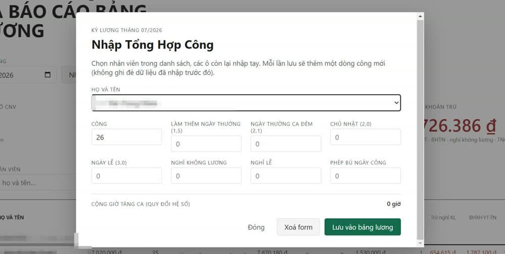 Nhập tổng hợp công cho một nhân viên: ngày công, tăng ca, ngày lễ, nghỉ phép