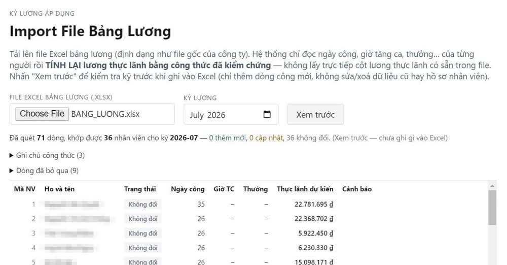 Import file Excel: hệ thống tính lại lương thực lãnh thay vì lấy cột có sẵn