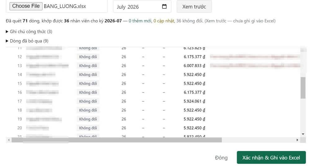 Kết quả đối chiếu từng dòng, kèm cảnh báo tên trong file không khớp hồ sơ