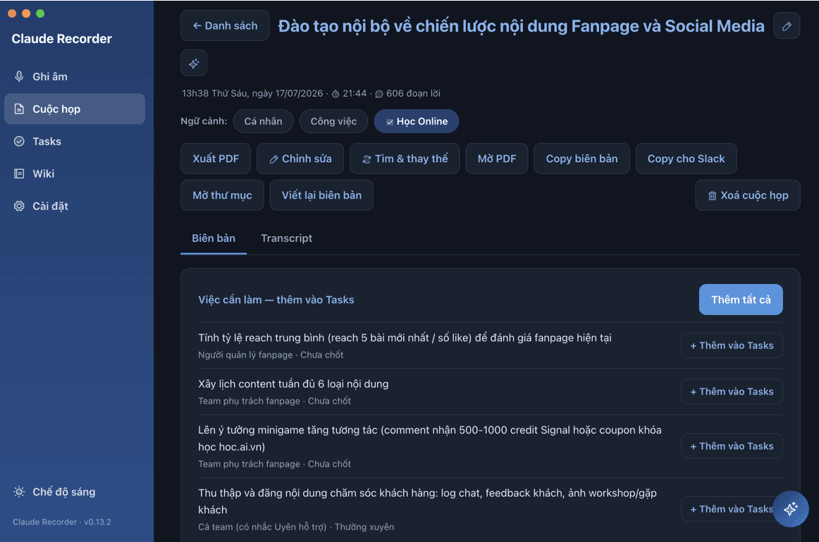 Trang biên bản cuộc họp với danh sách việc cần làm