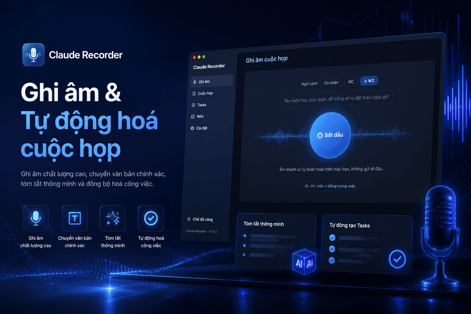 Claude Recorder: ghi âm và tự động hoá cuộc họp, giao diện màn hình ghi âm với nút Bắt đầu